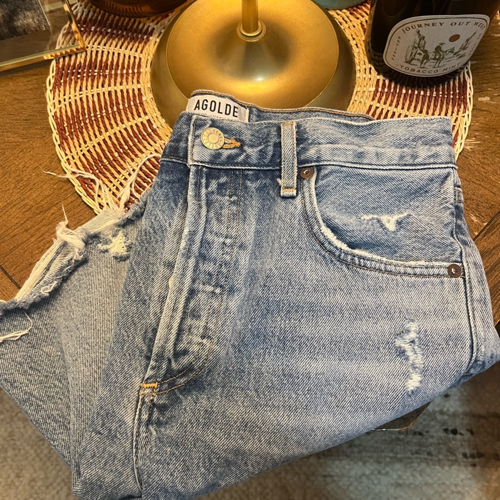 Agolde Blue Boyfriend Shorts with Distressed Vintage Look